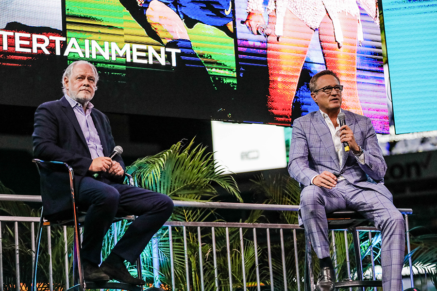 Richard Cregan (CEO) and Tom Garfinkel (Managing Partner) speak at an event for the Formula 1 Miami Grand Prix