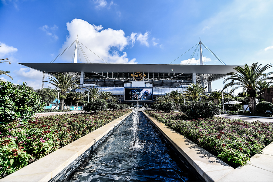 image for a press release - view looking towards Hard Rock Stadium on the fountain plaza