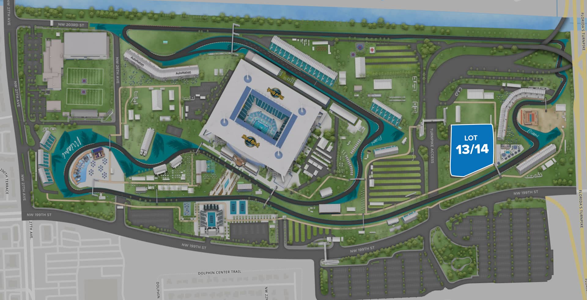 Parking Lot Location Map for Blue Lot 13/14 at the Formula 1 Crypto.com Miami Grand Prix