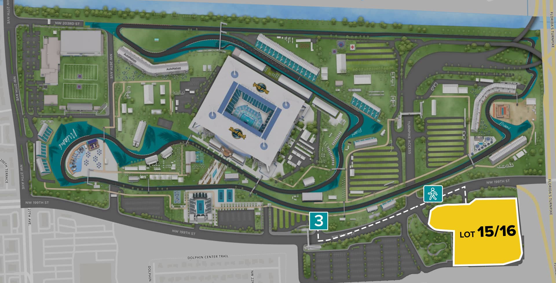 Parking Lot Location Map for Yellow Lot 15/16 at the Formula 1 Crypto.com Miami Grand Prix