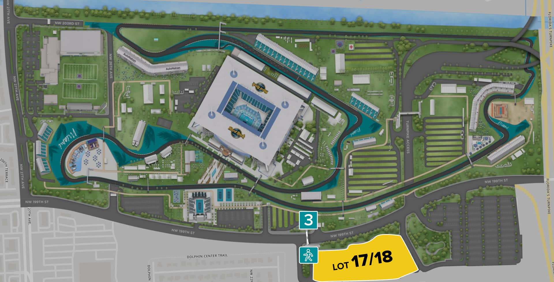 Parking Lot Location Map for Yellow Lot 17/18 at the Formula 1 Crypto.com Miami Grand Prix