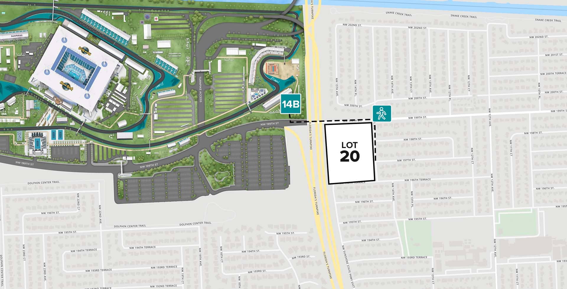 Parking Lot Location Map for White Lot 20 at the Formula 1 Crypto.com Miami Grand Prix