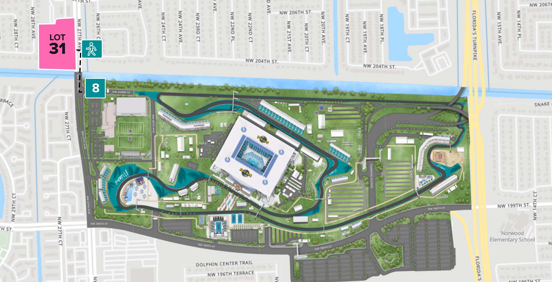 Parking Lot Location Map for Pink Lot 31 at the Formula 1 Crypto.com Miami Grand Prix
