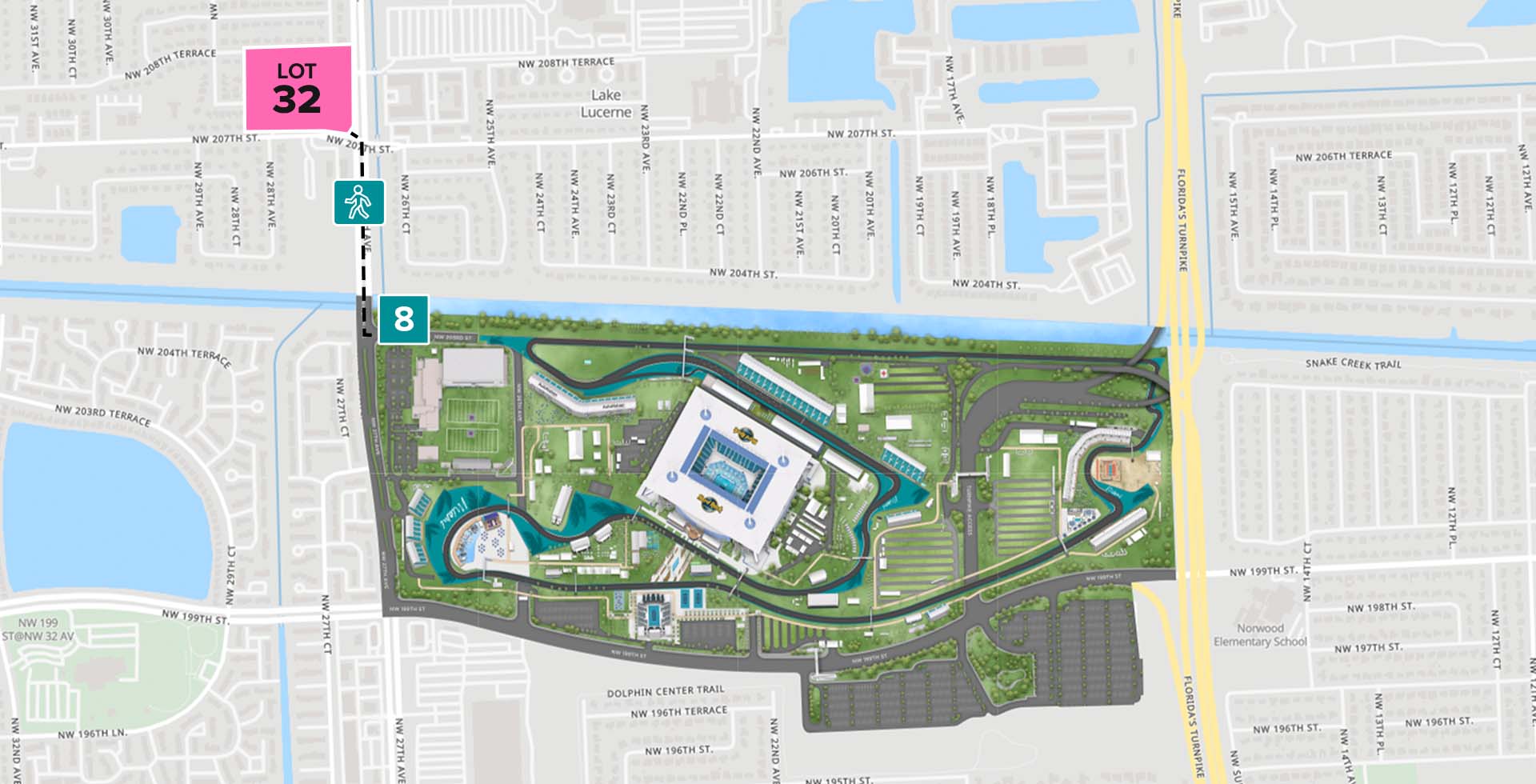Parking Lot Location Map for Pink Lot 32 at the Formula 1 Crypto.com Miami Grand Prix