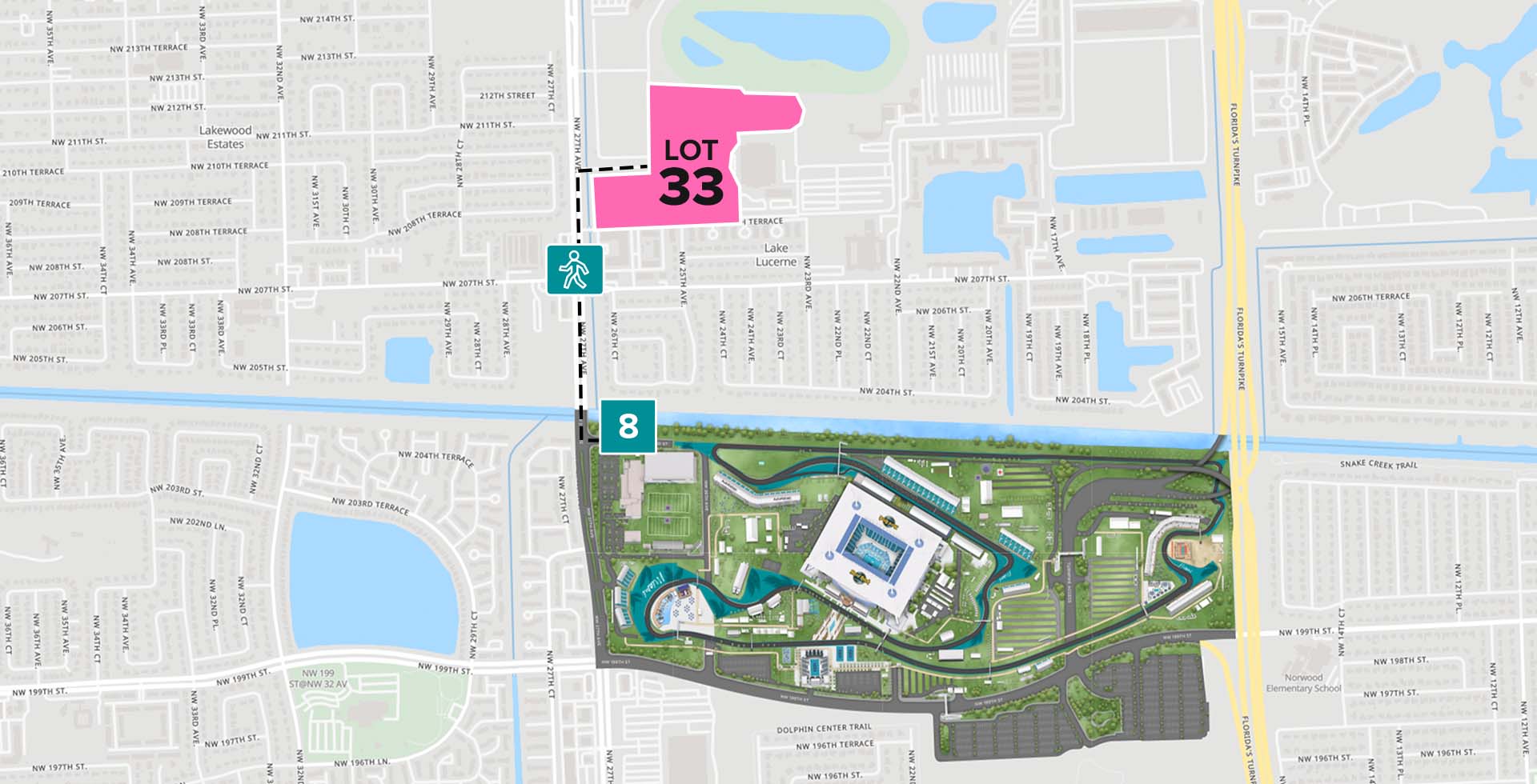 Parking Lot Location Map for Pink Lot 33 at the Formula 1 Crypto.com Miami Grand Prix