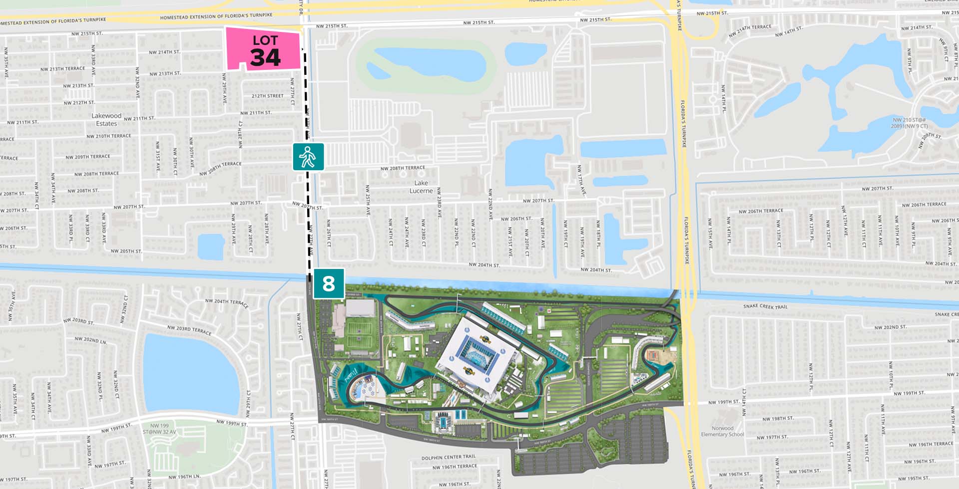 Parking Lot Location Map for Pink Lot 34 at the Formula 1 Crypto.com Miami Grand Prix