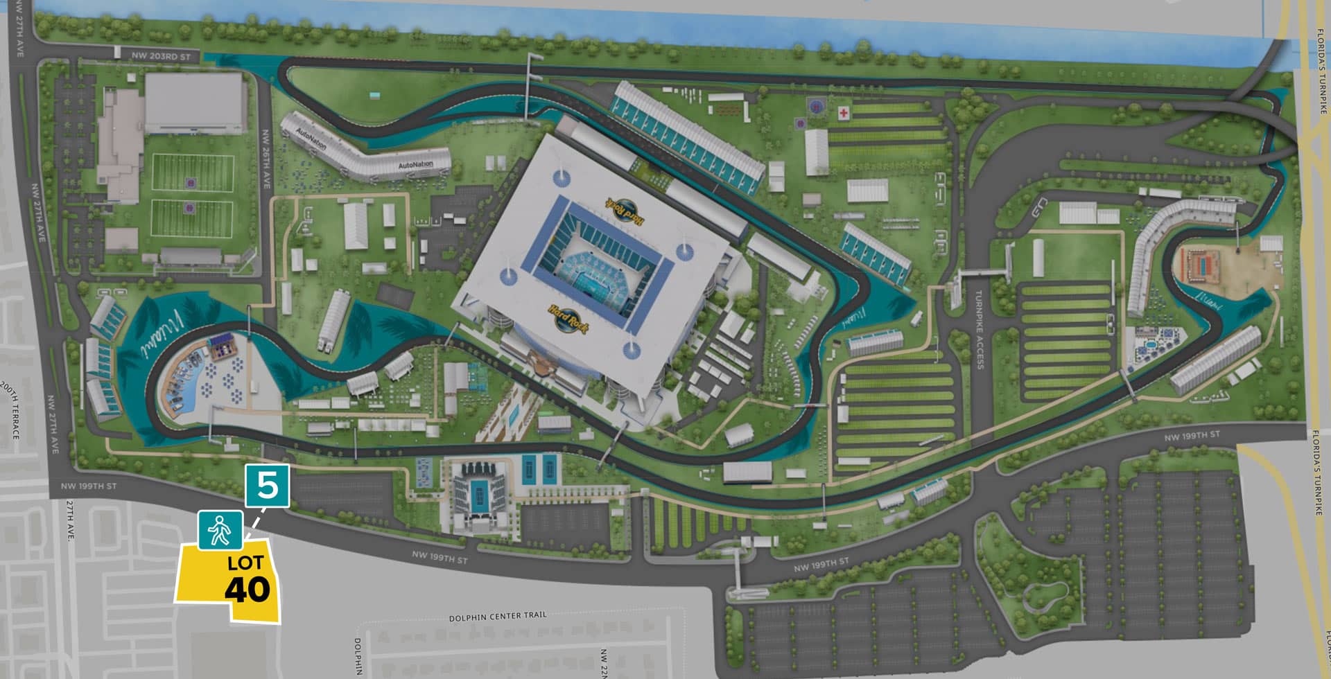 Parking Lot Location Map for Yellow Lot 40 at the Formula 1 Crypto.com Miami Grand Prix