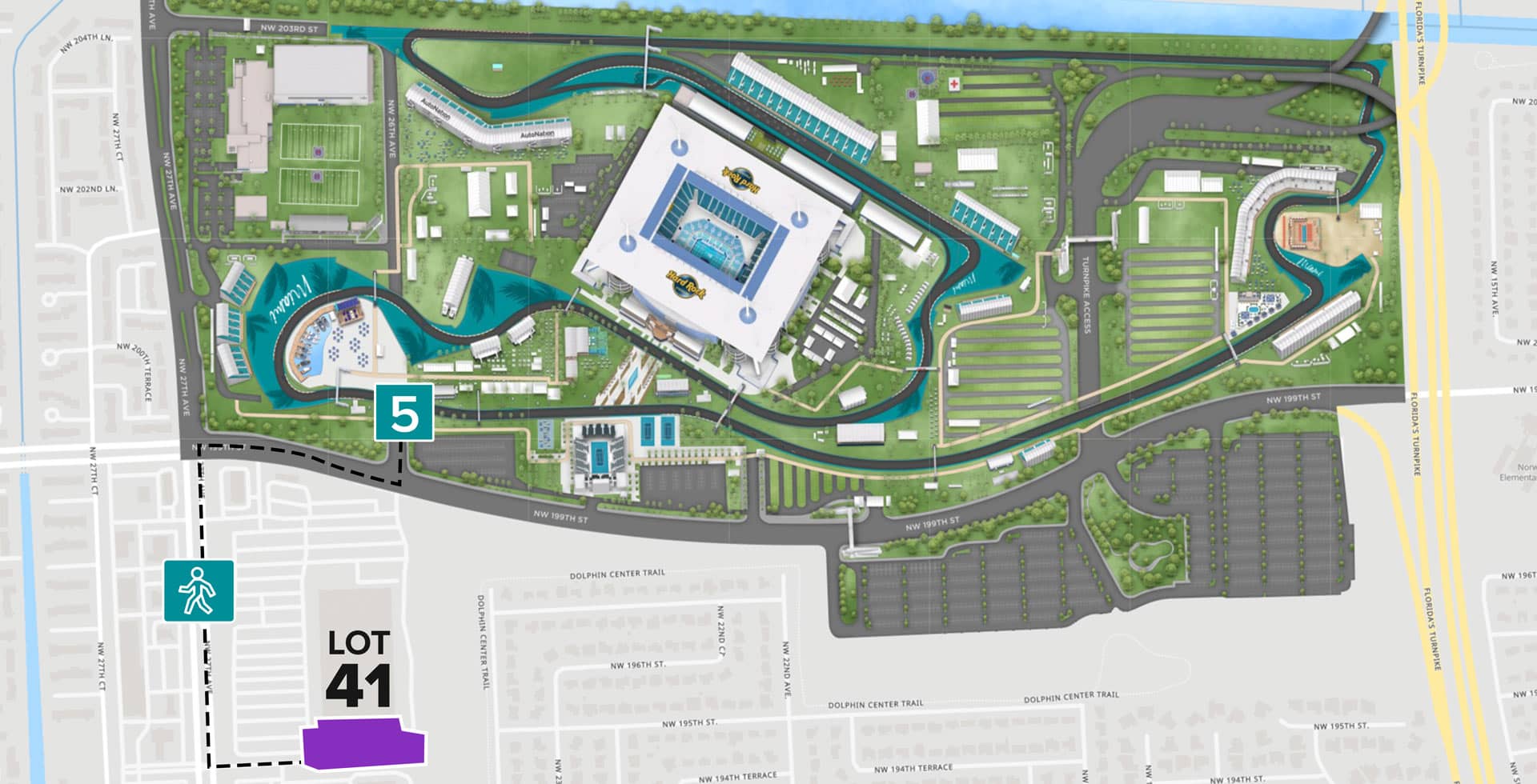 Parking Lot Location Map for Purple Lot 41 at the Formula 1 Crypto.com Miami Grand Prix