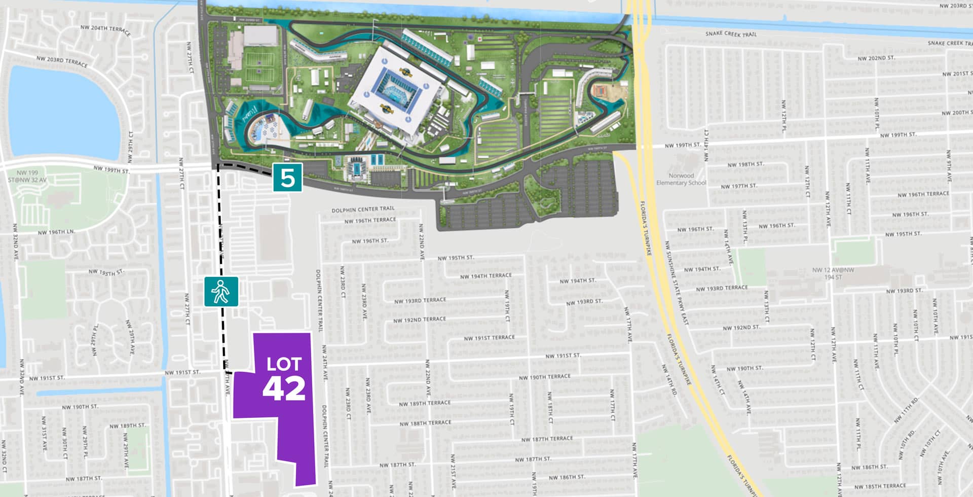 Parking Lot Location Map for Purple Lot 42 at the Formula 1 Crypto.com Miami Grand Prix