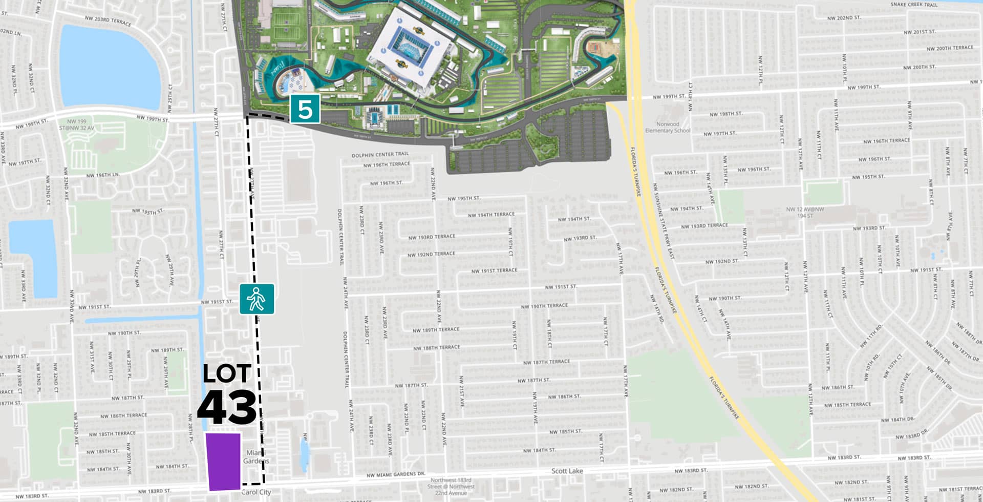 Parking Lot Location Map for Purple Lot 43 at the Formula 1 Crypto.com Miami Grand Prix