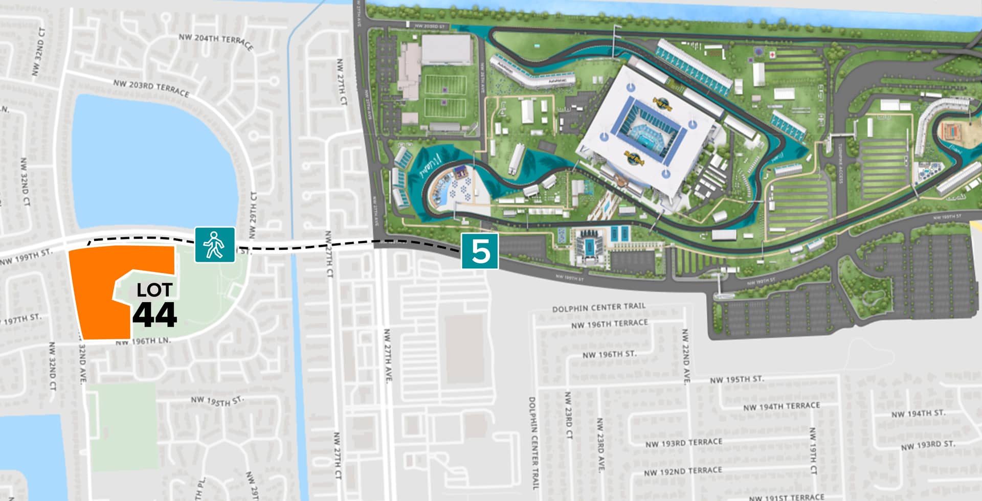 Parking Lot Location Map for Orange Lot 44 at the Formula 1 Crypto.com Miami Grand Prix