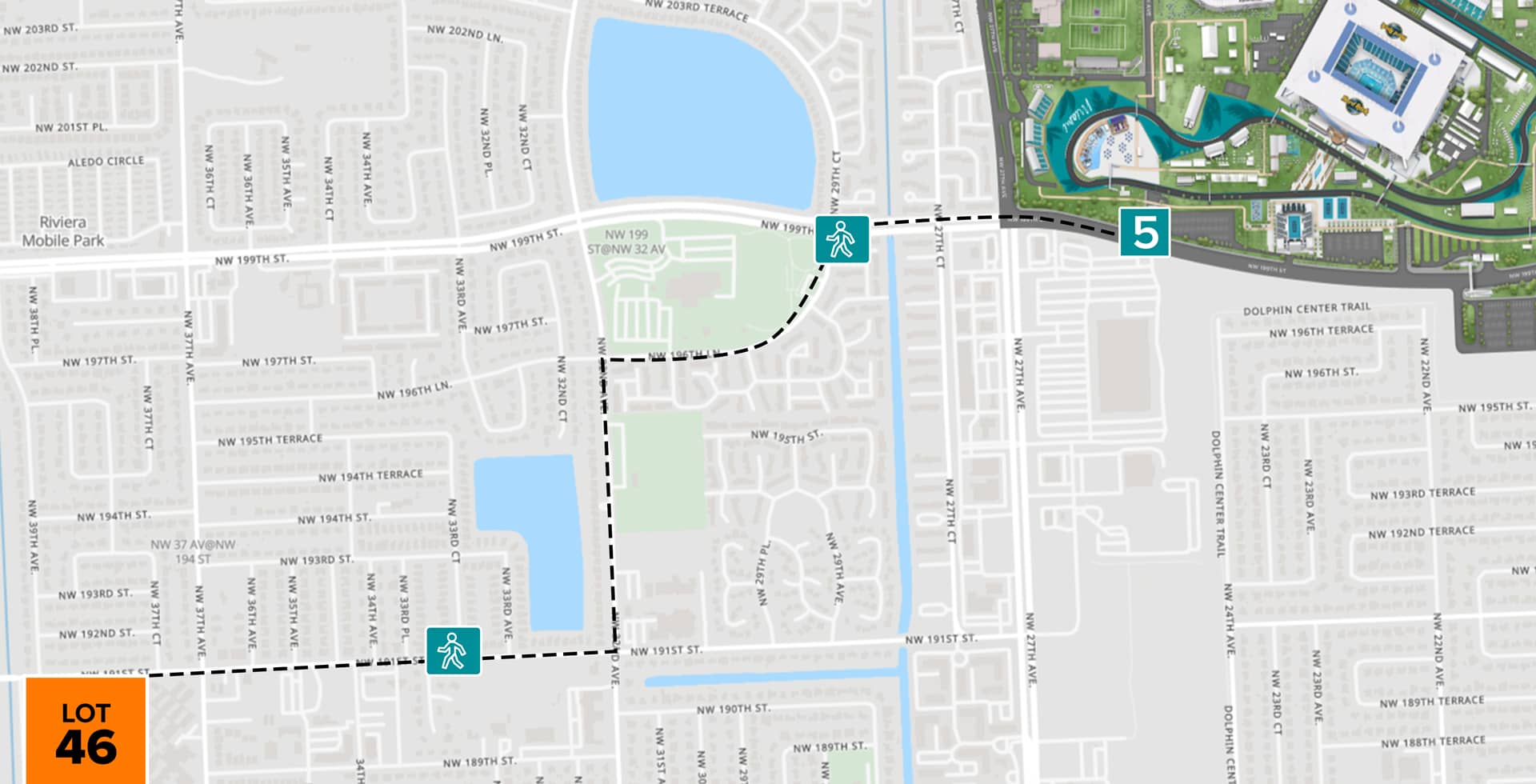 Parking Lot Location Map for Orange Lot 46 at the Formula 1 Crypto.com Miami Grand Prix