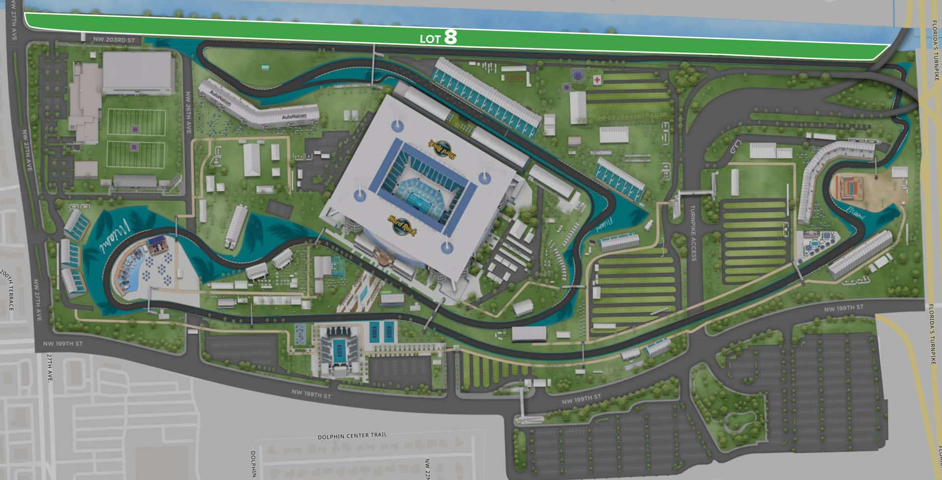 Parking Lot Location Map for Green Lot 8 at the Formula 1 Crypto.com Miami Grand Prix