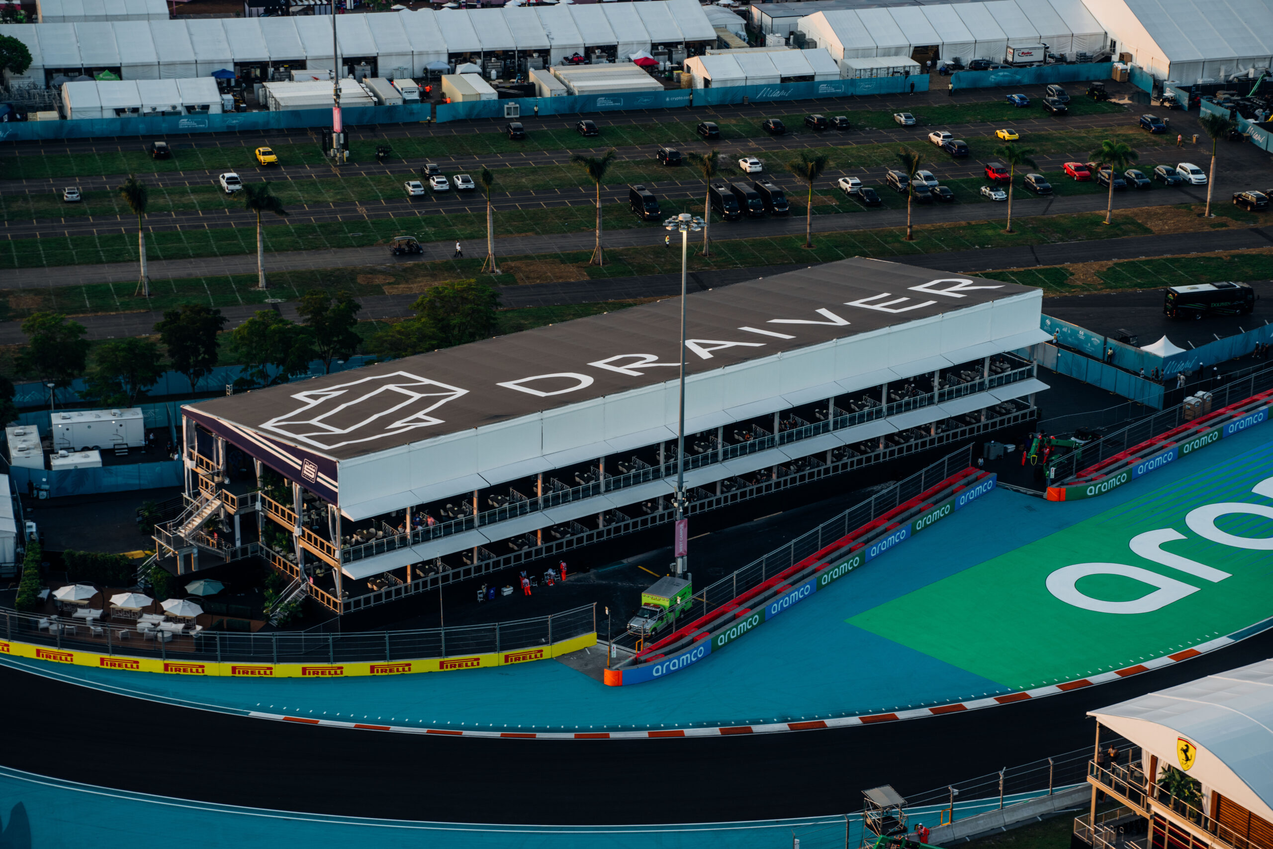 The Turn 5 Suites provide a trackside view of one of the fastest cornering sections of the circuit at the Miami International Autodrome.