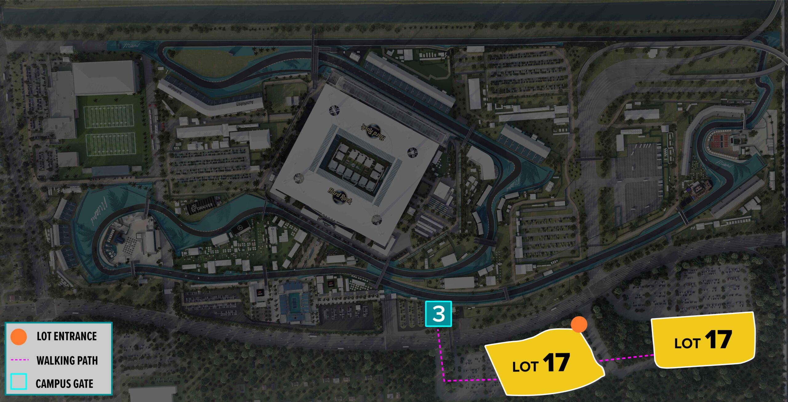 Parking Lot Location Map for Lot 17 East at the Formula 1 Crypto.com Miami Grand Prix