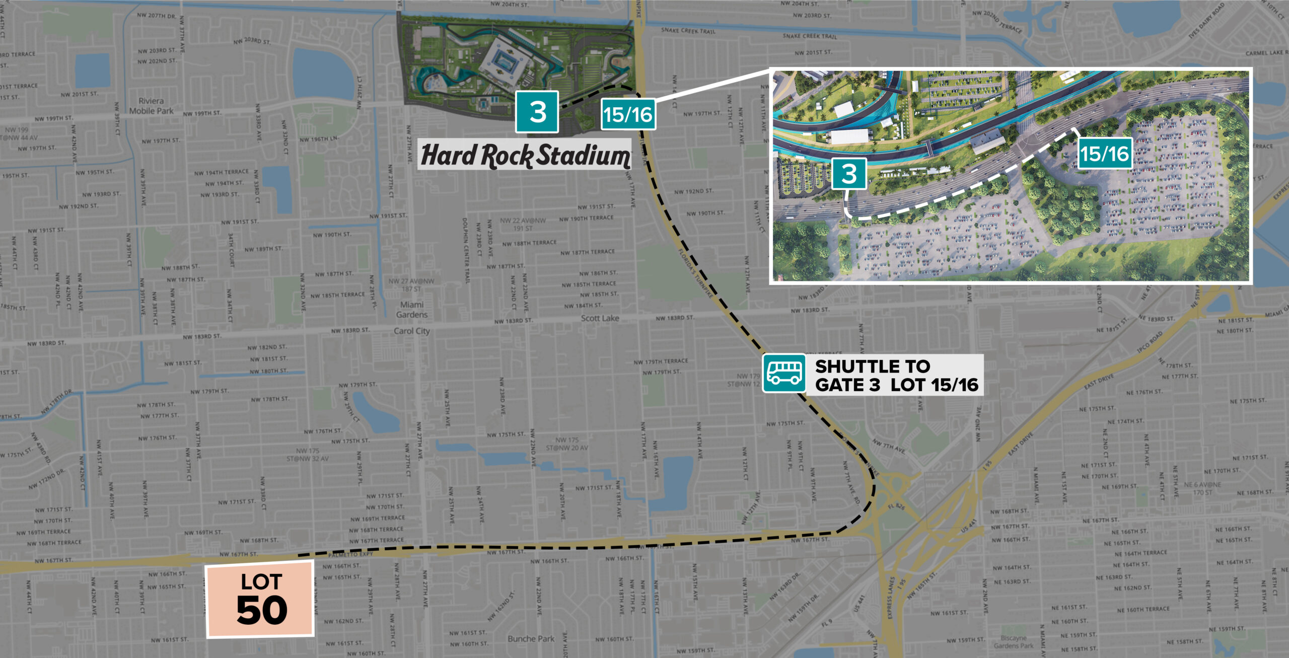 Parking Lot Location Map for Peach Lot 50 at the Formula 1 Crypto.com Miami Grand Prix