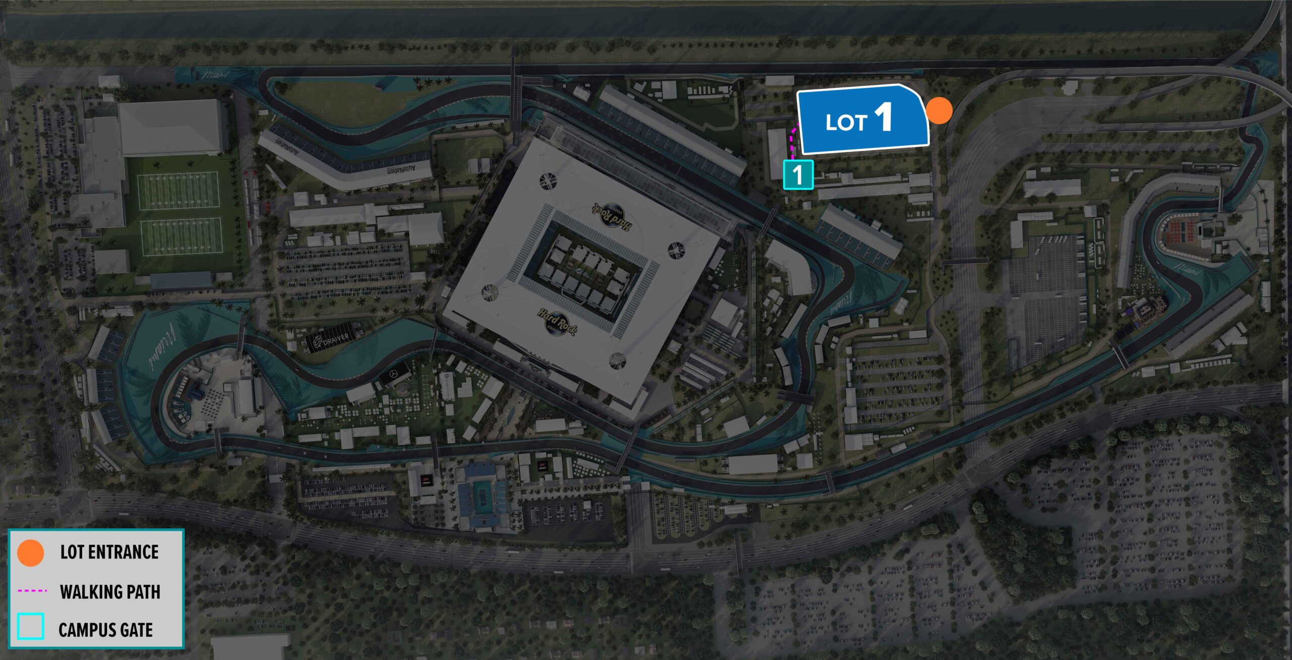 Parking Lot Location Map for Blue Lot 1 at the Formula 1 Crypto.com Miami Grand Prix