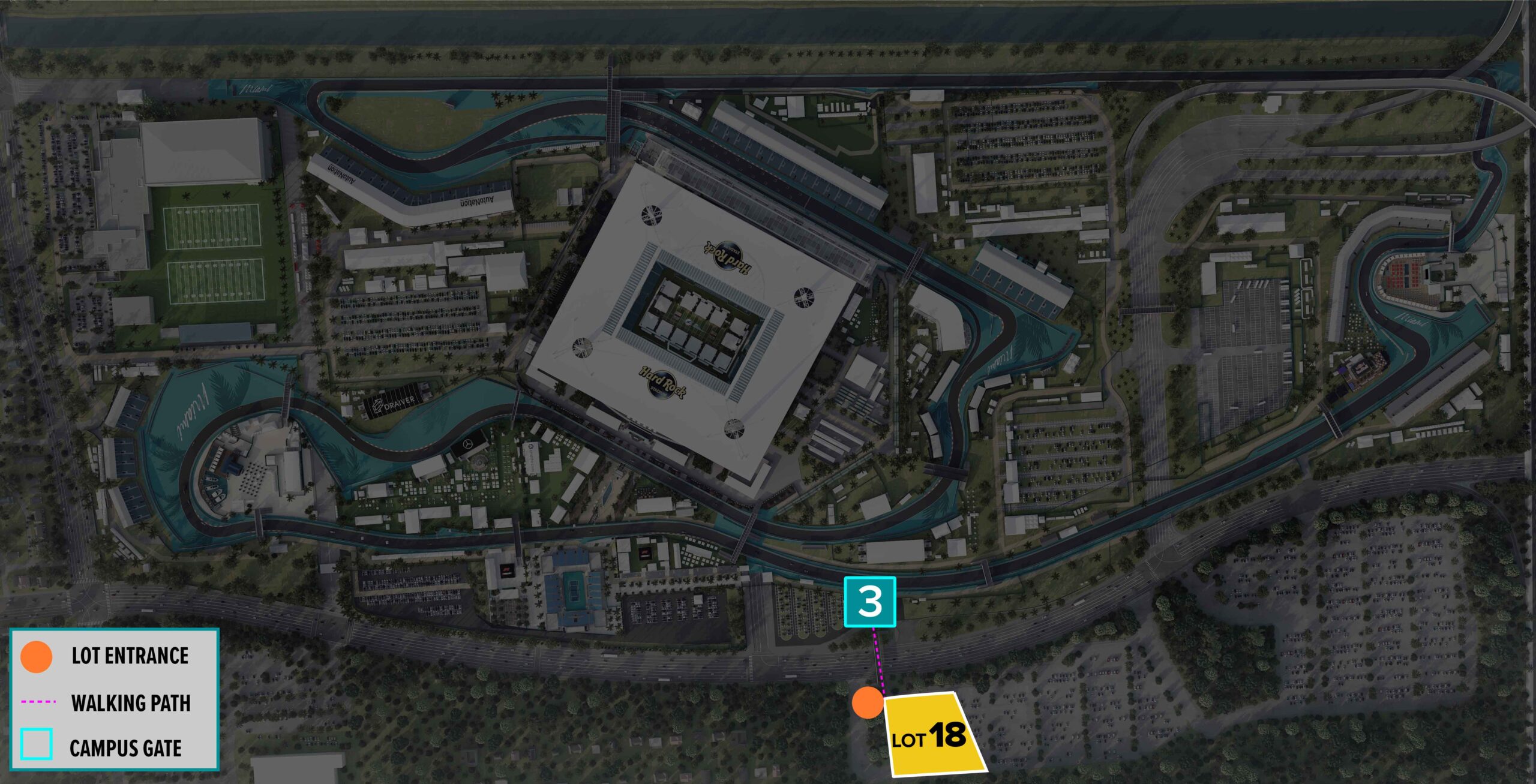 Parking Lot Location Map for Yellow Lot 18 at the Formula 1 Crypto.com Miami Grand Prix