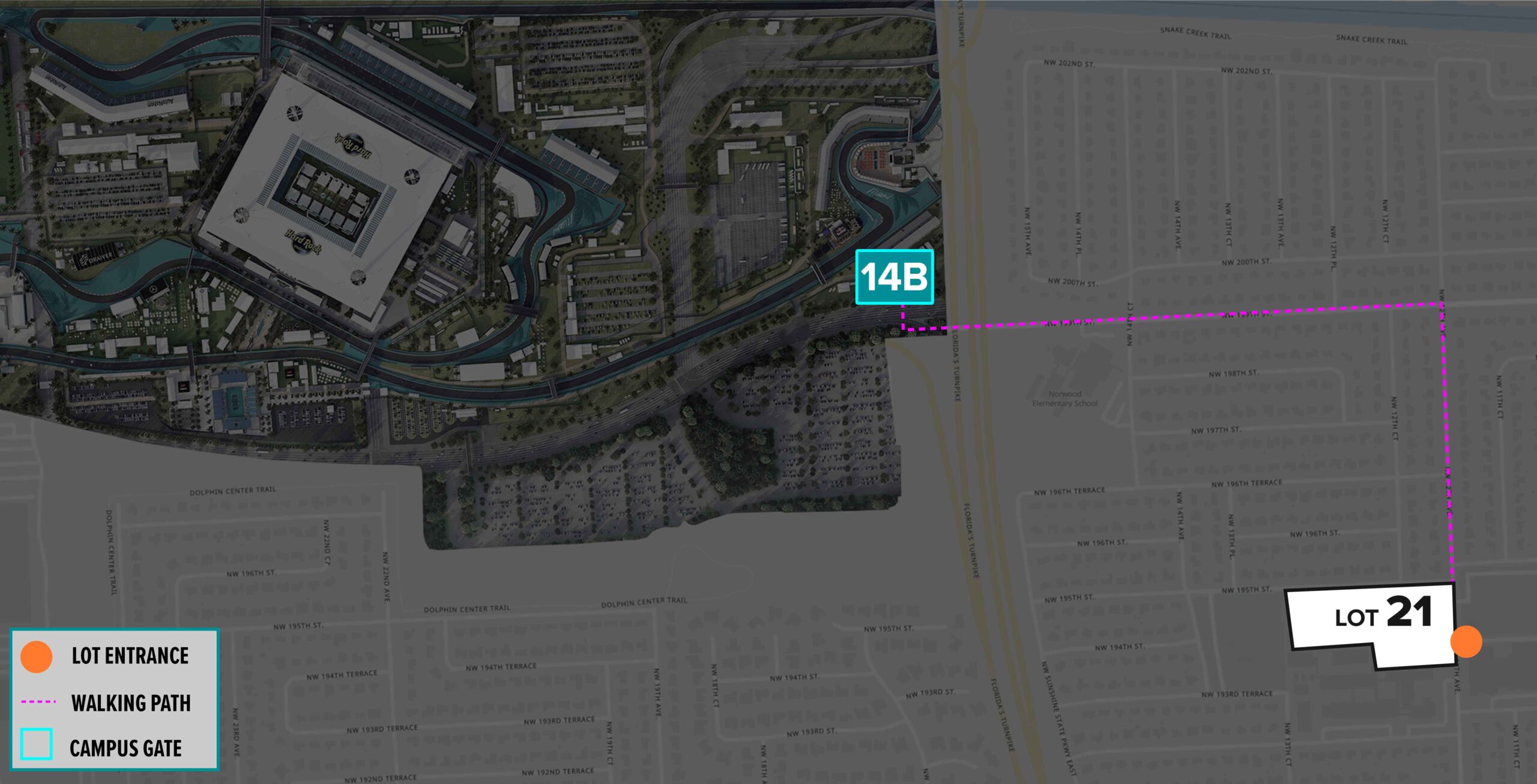 Parking Lot Location Map for White Lot 21 at the Formula 1 Crypto.com Miami Grand Prix