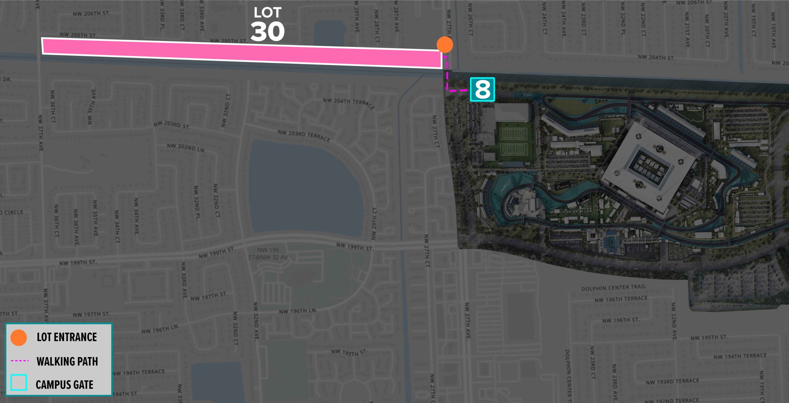 Parking Lot Location Map for Pink Lot 30 at the Formula 1 Crypto.com Miami Grand Prix