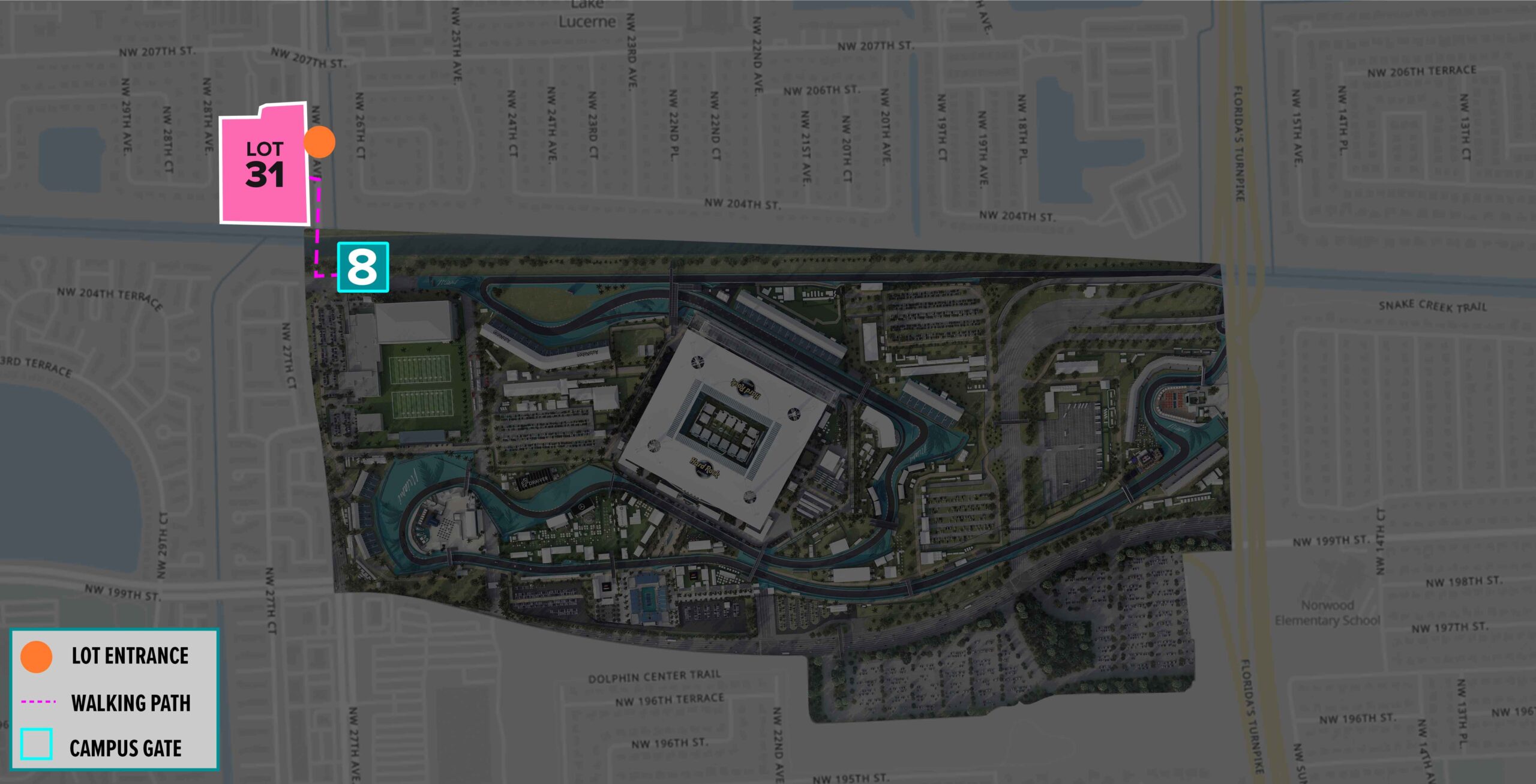 Parking Lot Location Map for Pink Lot 31 at the Formula 1 Crypto.com Miami Grand Prix