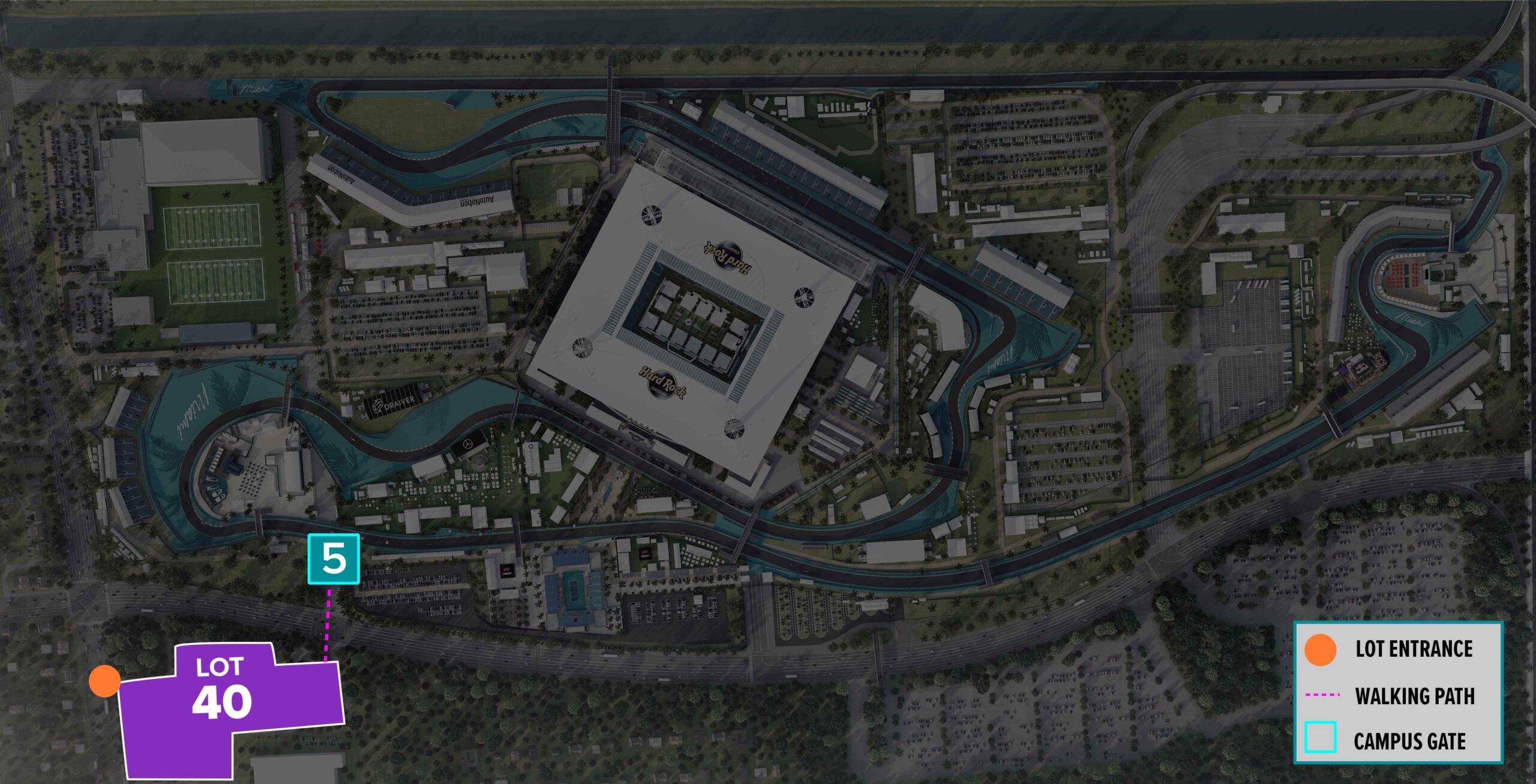 Parking Lot Location Map for Purple Lot 40 at the Formula 1 Crypto.com Miami Grand Prix