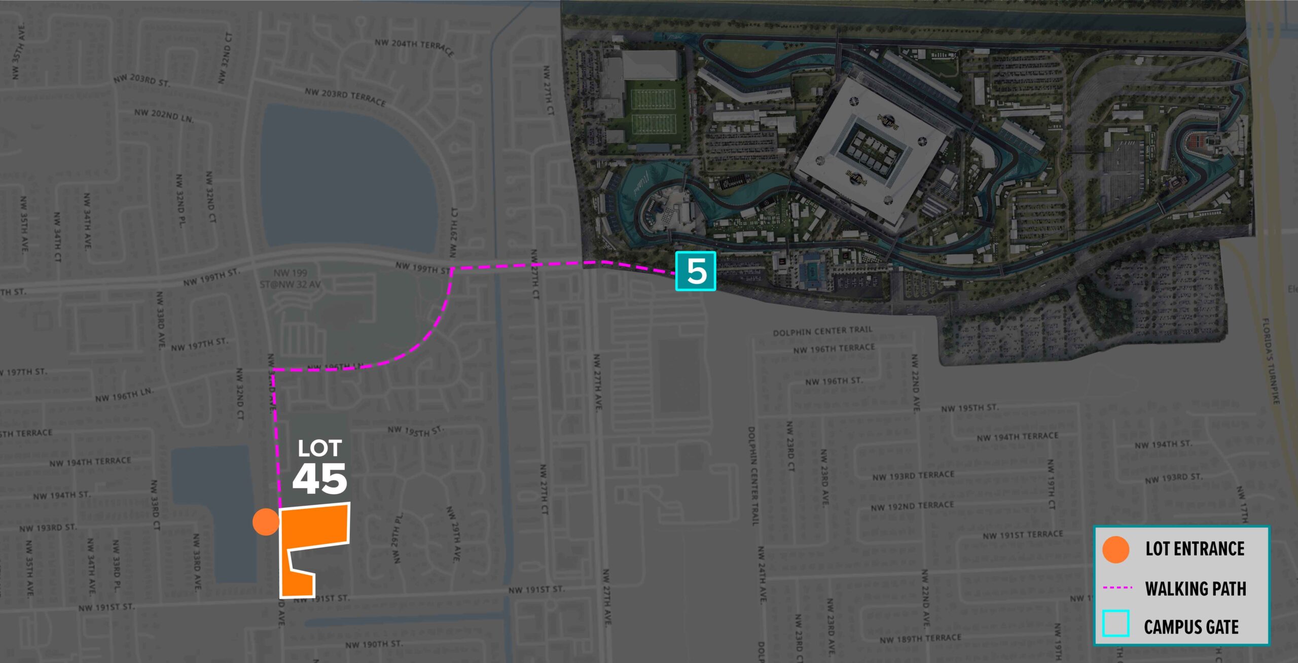 Parking Lot Location Map for Orange Lot 45 at the Formula 1 Crypto.com Miami Grand Prix