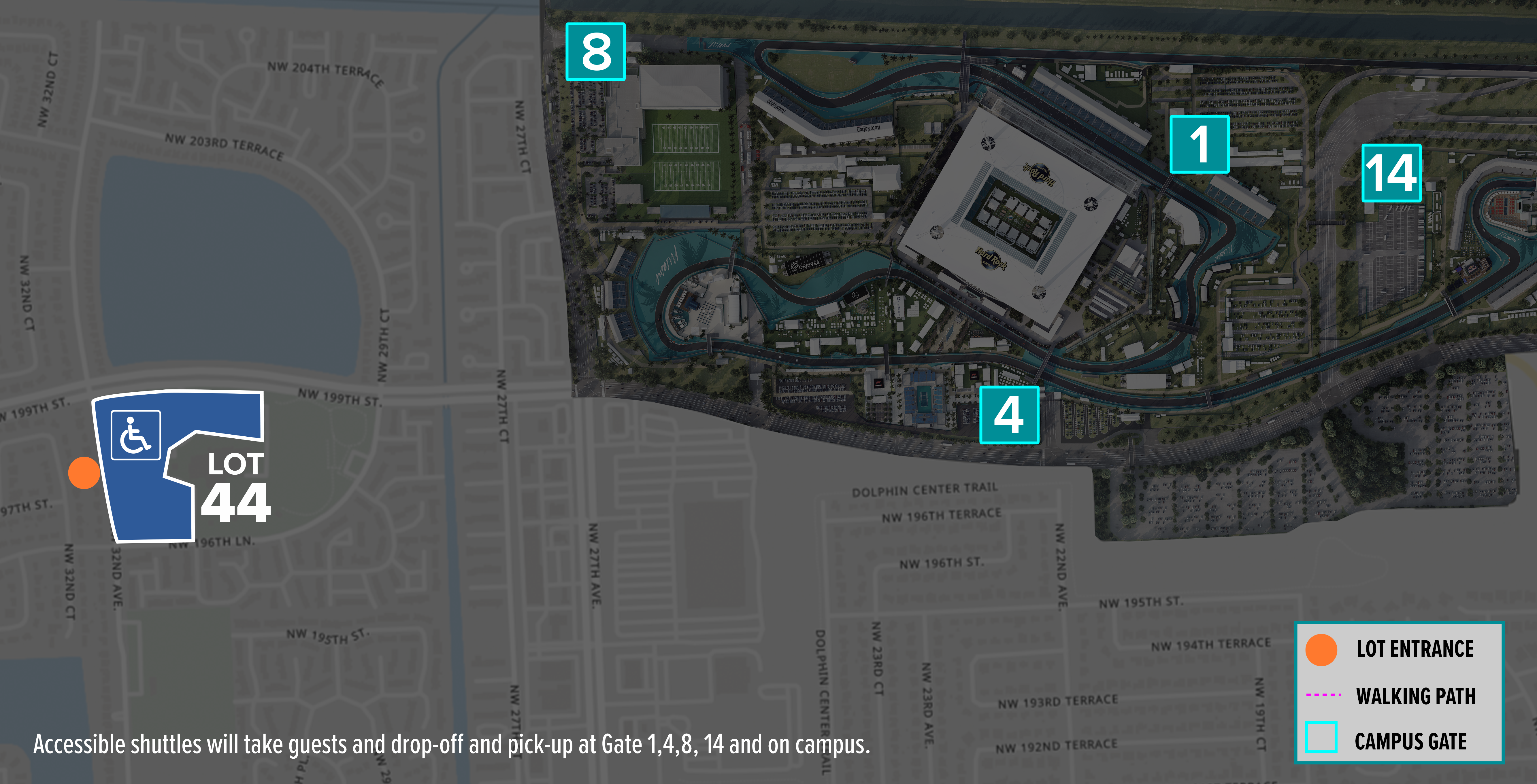 Parking Lot Location Map for Orange Lot 44 at the Formula 1 Crypto.com Miami Grand Prix