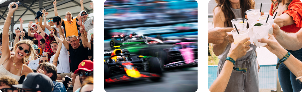 Images collage of f1 cars and friends cheering