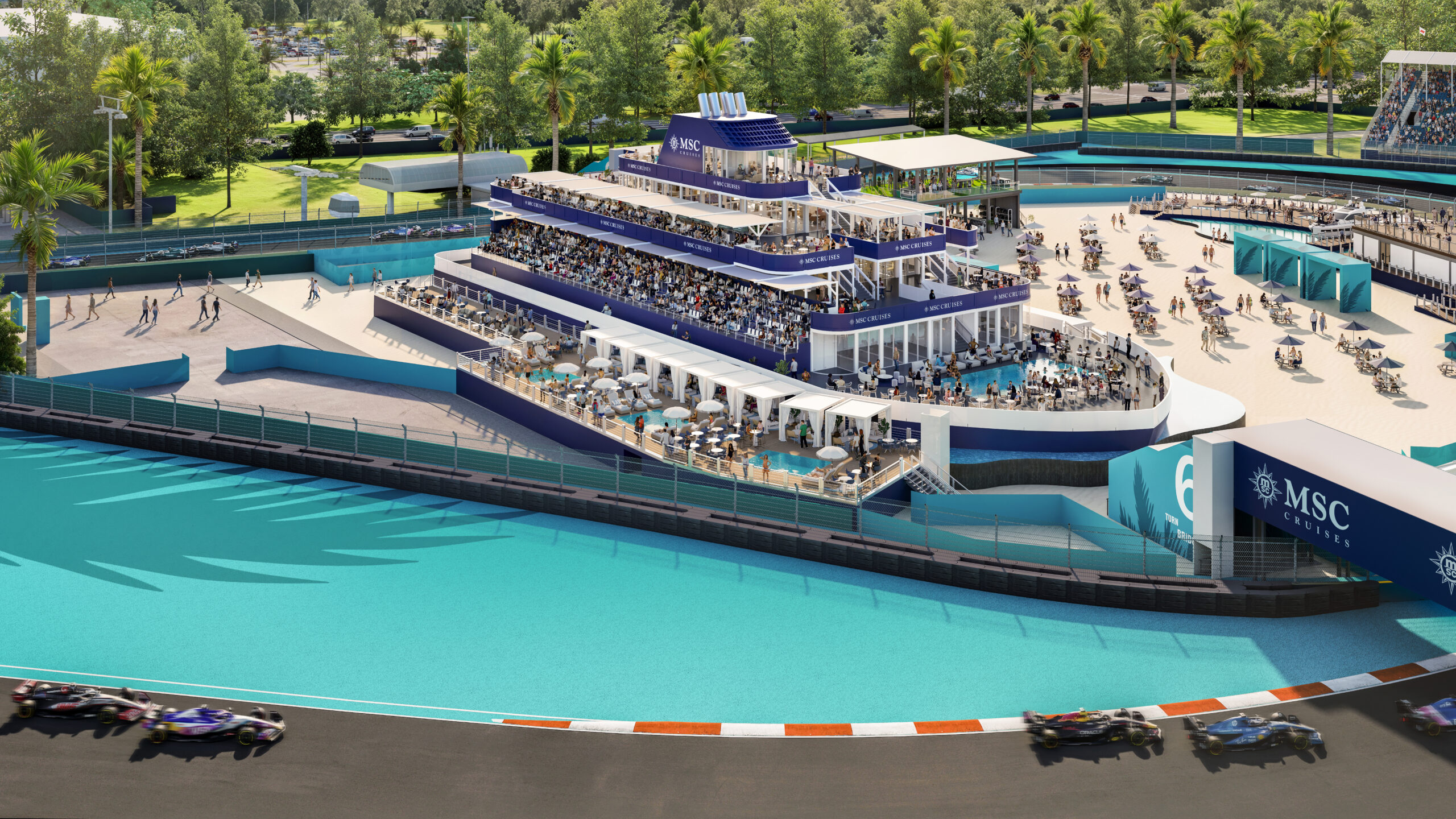 Aerial view rendering of the MSC Yacht Club at the 2026 Miami Grand Prix.