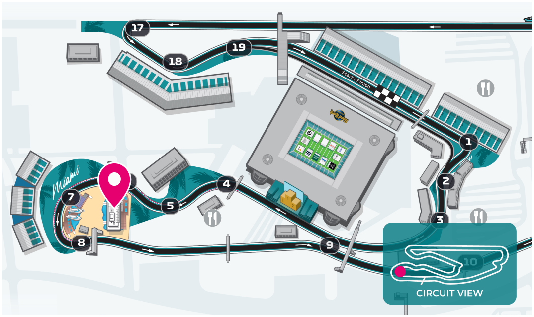 SuperYachtLocationMap Map of Formula 1 Miami Track with Super Yacht Location highlighted