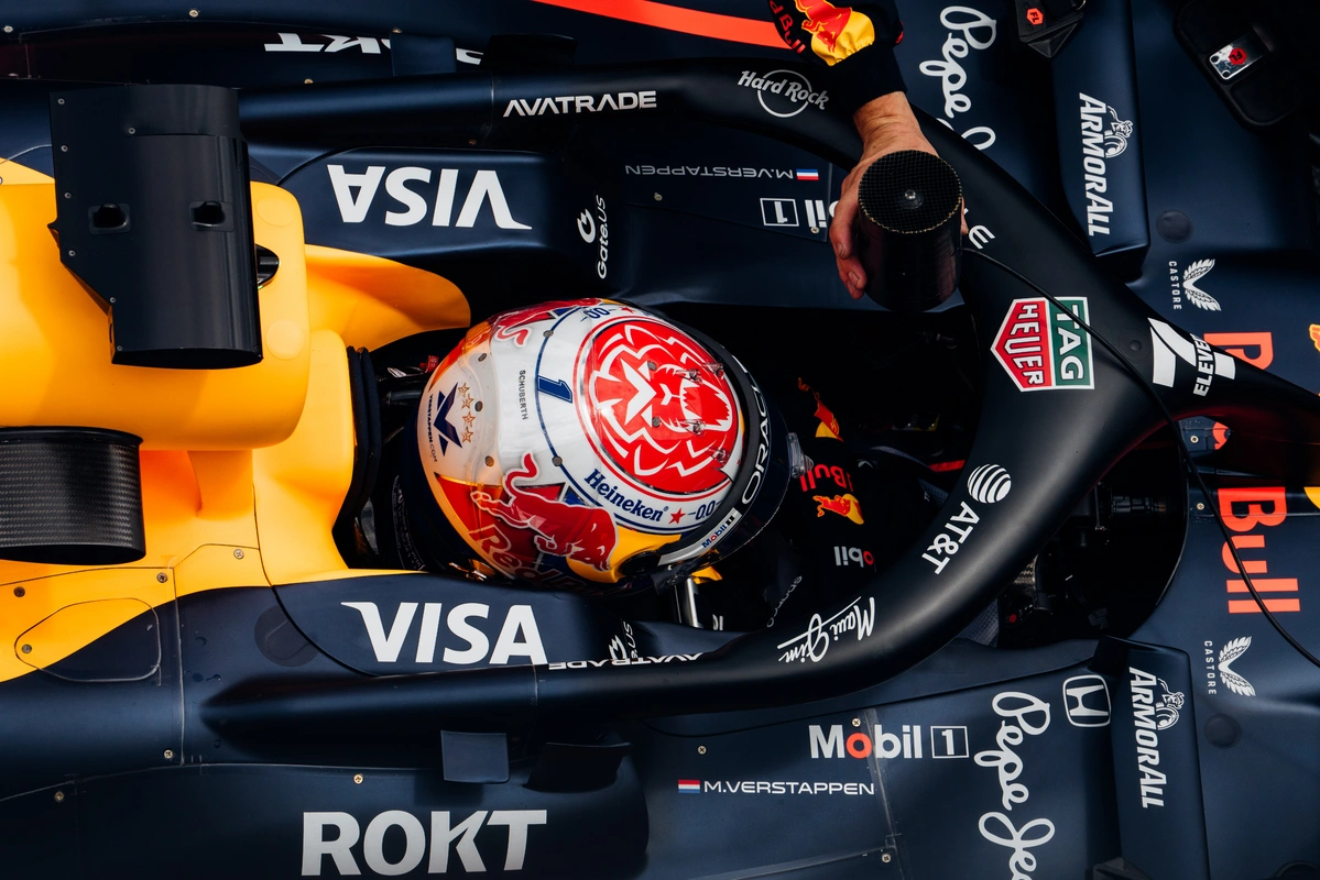 An overhead view of a Formula 1 Red Bull Driver Max Verstappen's unit.