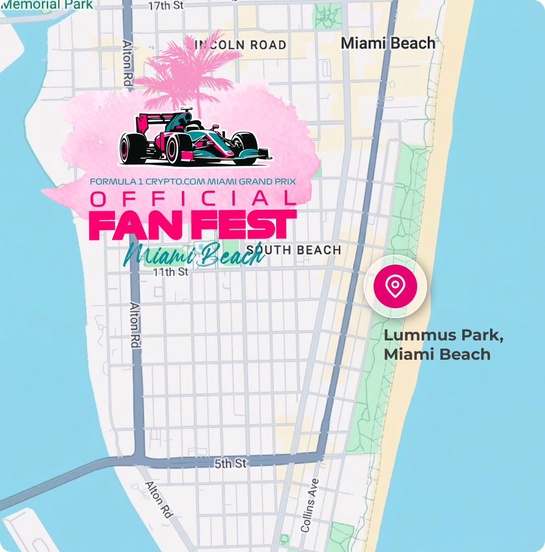 google-map Image of a map of South Beach with Lumos Park indicating the event location. Fan fest logo displayed on the top left corner of the map.