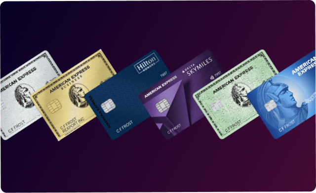 Image image of several AMEX credit cards lined up against a dark purple backgroung
