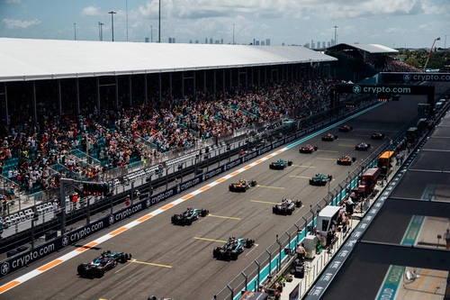 Starting grid at the Miami Grand Prix with Formula 1 cars lined up on the track before the race begins