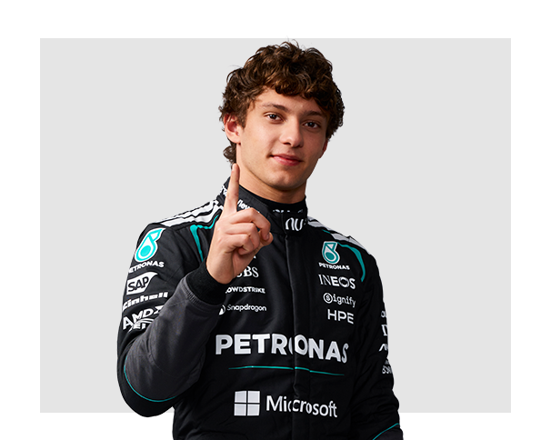 Portrait of Kimi Antonelli doing a "number one" with his hand in celebration of his victory
