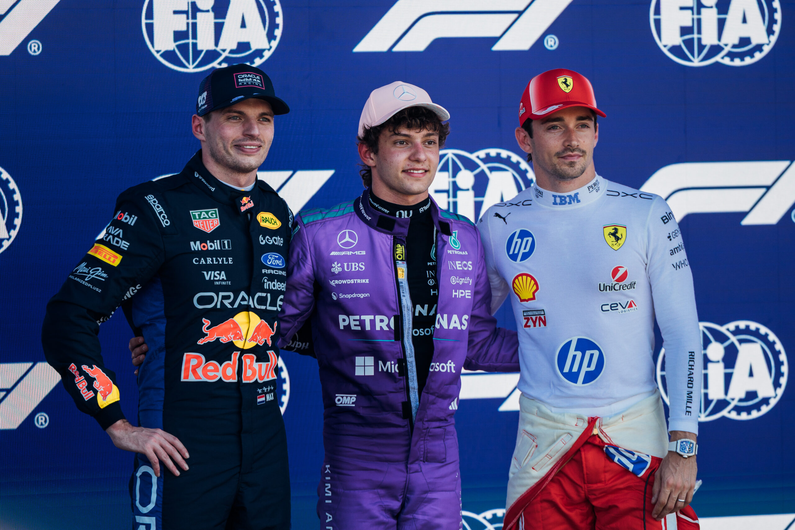 Picture of Kim Antonelli, Lando Norris and Charles Leclerc at the podium of the sprint race